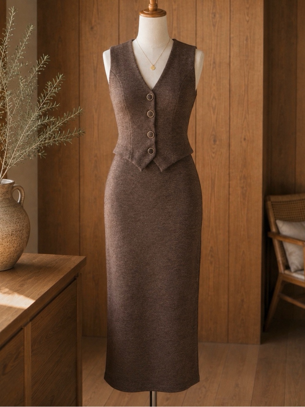 Zara Tailored Chocolate Brown Knit Pencil mocked vest skirt Dress